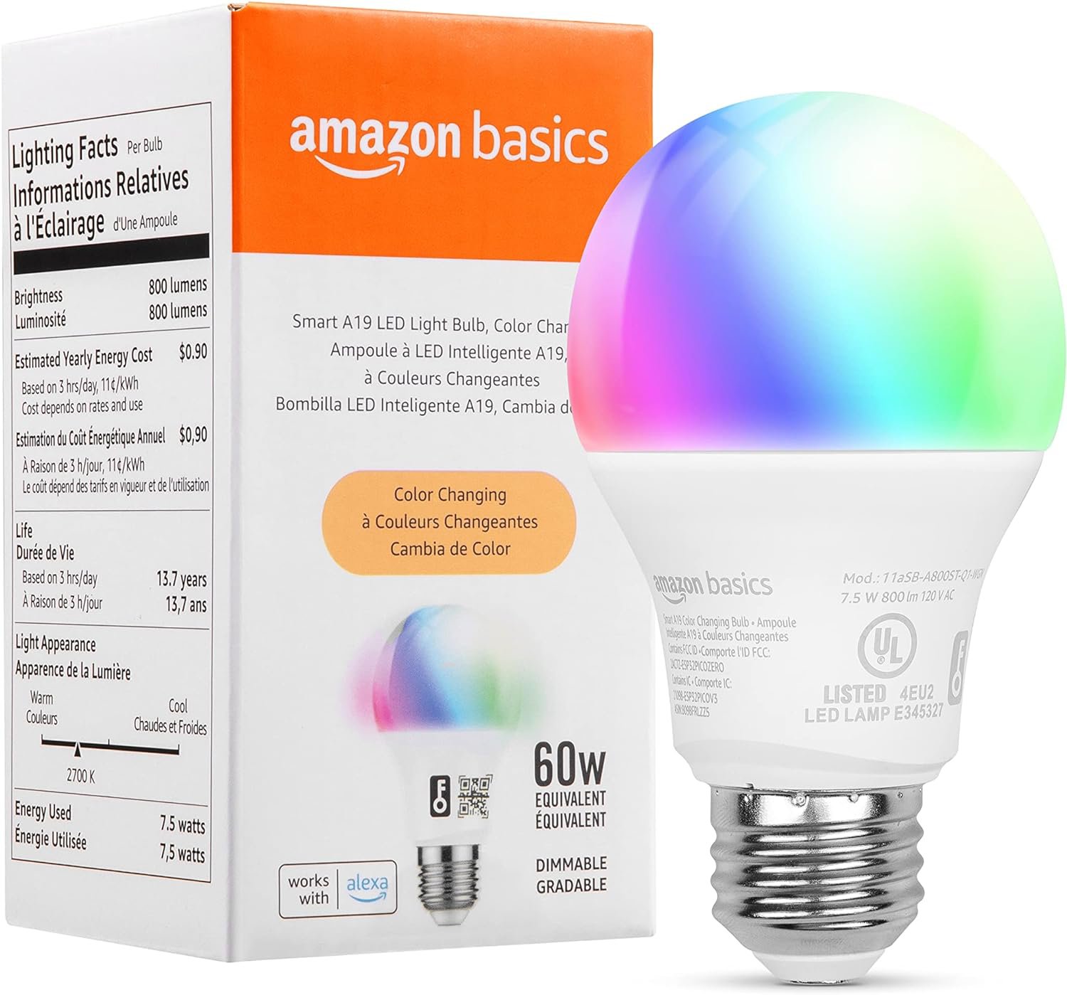 Amazon Bombillo Inteligente Basics Luz LED Multicolor Alexa Wi-fi